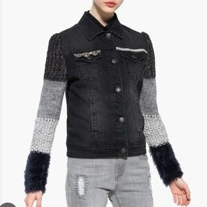 Desigual sz 40 denim jacket mixed media knit sleeves embroidered grey Boho Retro